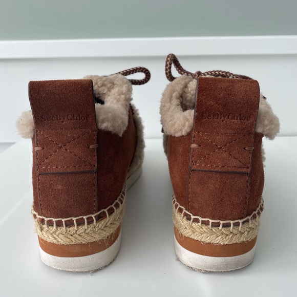 See by Chloe Brown Suede Shearling Platform Espadrille Sneaker - Picture 9 of 13